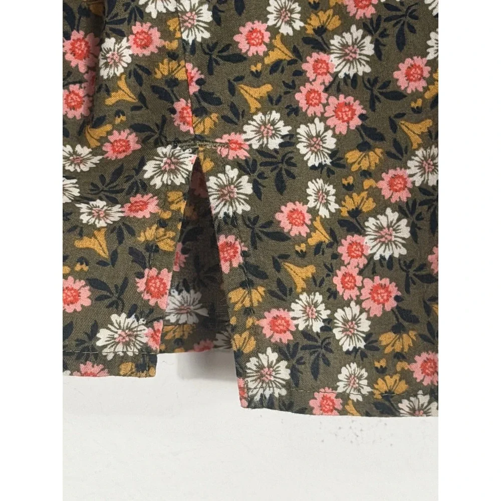 LOFT Womens Floral Tie Neck Puff Sleeve Blouse Olive Green Pink Small